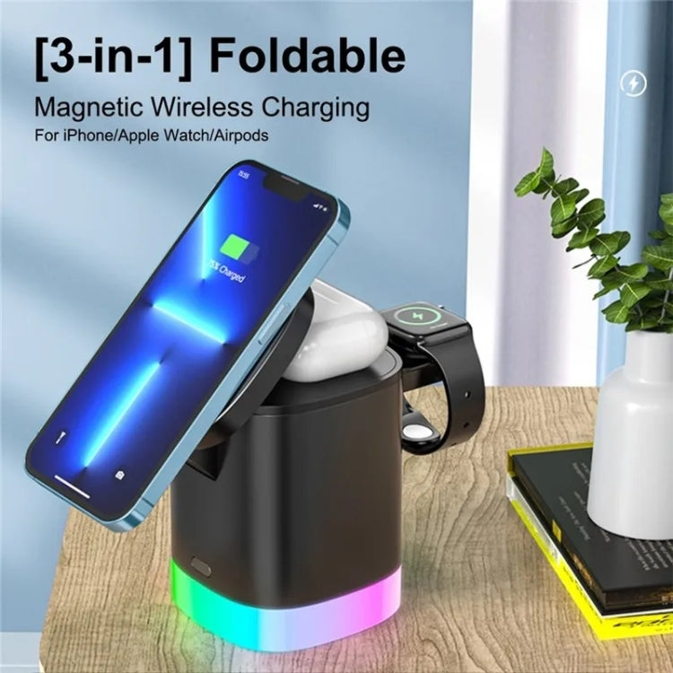 T15 3 in 1 Magnetic Magsafe Wireless Charger Folding Charging Stand For iPhone / iWatch / AirPods(Black) - Wireless Charger by buy2fix | Online Shopping UK | buy2fix