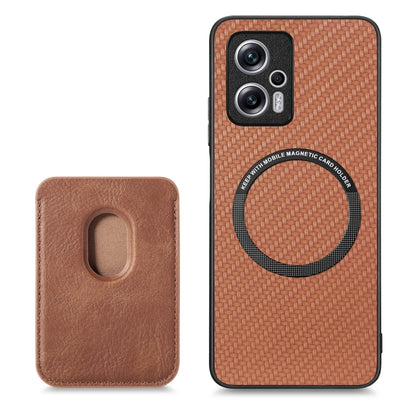 For Redmi Note 11T Pro 5G Carbon Fiber Leather Card Magsafe Phone Case(Brown) - Xiaomi Cases by buy2fix | Online Shopping UK | buy2fix