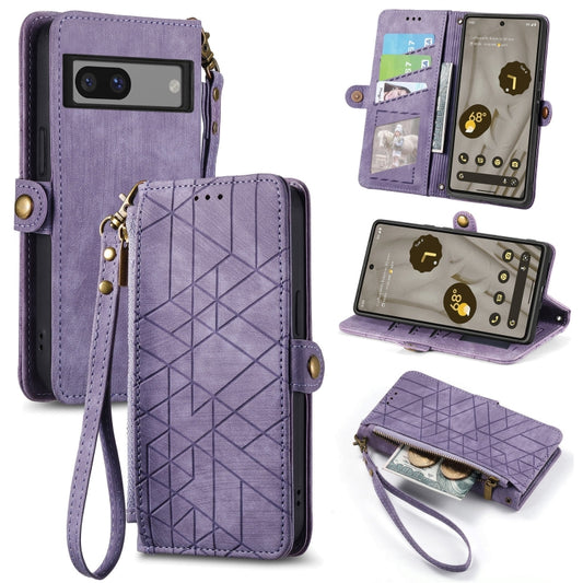 For Google Pixel 7A Geometric Zipper Wallet Side Buckle Leather Phone Case(Purple) - Google Cases by buy2fix | Online Shopping UK | buy2fix