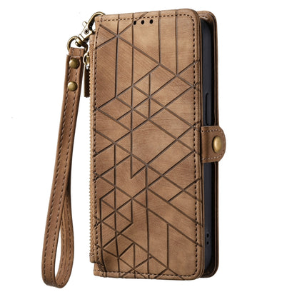 For Google Pixel 6A Geometric Zipper Wallet Side Buckle Leather Phone Case(Brown) - Google Cases by buy2fix | Online Shopping UK | buy2fix