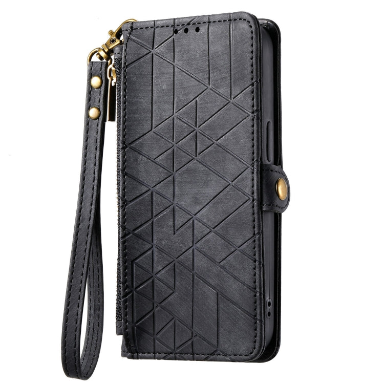 For Google Pixel 6A Geometric Zipper Wallet Side Buckle Leather Phone Case(Black) - Google Cases by buy2fix | Online Shopping UK | buy2fix