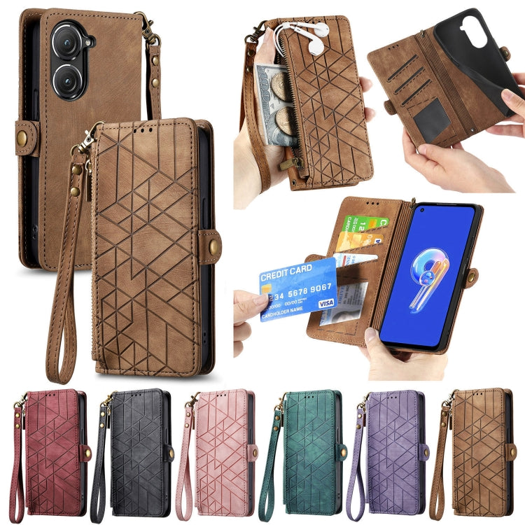 For ASUS Zenfone 9 Geometric Zipper Wallet Side Buckle Leather Phone Case(Brown) - ASUS Cases by buy2fix | Online Shopping UK | buy2fix