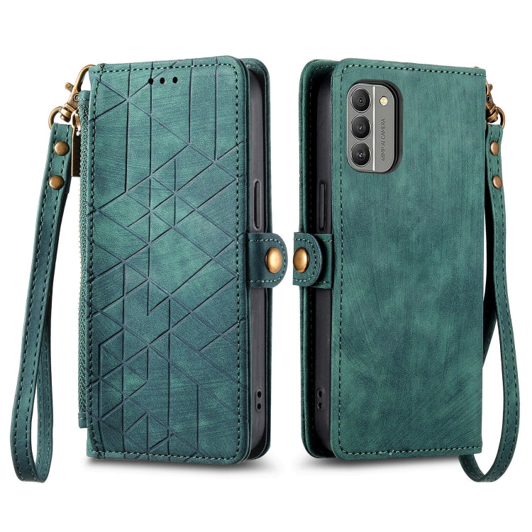 For Nokia G60 5G Geometric Zipper Wallet Side Buckle Leather Phone Case(Green) - Nokia Cases by buy2fix | Online Shopping UK | buy2fix