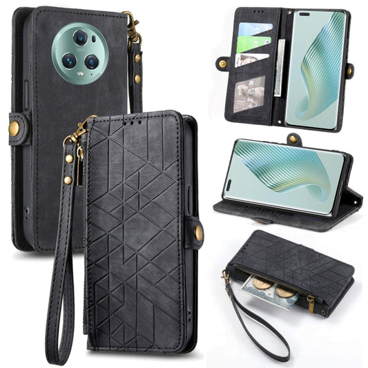 For Honor Magic5 Pro Geometric Zipper Wallet Side Buckle Leather Phone Case(Black) - Honor Cases by buy2fix | Online Shopping UK | buy2fix