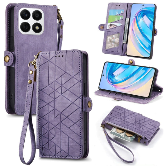 For Honor X8A Geometric Zipper Wallet Side Buckle Leather Phone Case(Purple) - Honor Cases by buy2fix | Online Shopping UK | buy2fix