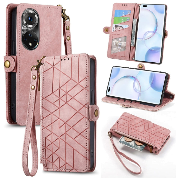 For Honor 50 Pro Geometric Zipper Wallet Side Buckle Leather Phone Case(Pink) - Honor Cases by buy2fix | Online Shopping UK | buy2fix