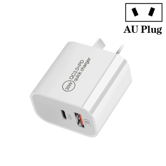 PD30W USB-C / Type-C + QC3.0 USB Dual Port Charger, Plug Size:AU Plug - USB Charger by buy2fix | Online Shopping UK | buy2fix