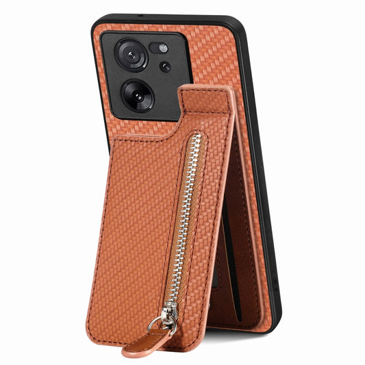 For Xiaomi 13T / 13T Pro Carbon Fiber Vertical Flip Zipper Phone Case(Brown) - Xiaomi Cases by buy2fix | Online Shopping UK | buy2fix