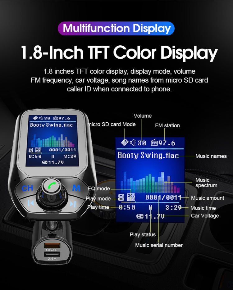 T43 Car Bluetooth Mp3 Multi-function Large Color Screen QC3.0 Bluetooth Car Charge Lossless Car Bluetooth Player - Bluetooth Car Kits by buy2fix | Online Shopping UK | buy2fix