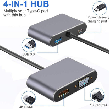 USB C to HDMI VGA 4K Adapter 4-in-1 Type C Adapter Hub to HDMI VGA USB 3.0 Digital AV Multiport Adapter with USB-C PD Charging Port Compatible for Nintendo Switch/Samsung/MacBook(Silvery) - Computer & Networking by buy2fix | Online Shopping UK | buy2fix