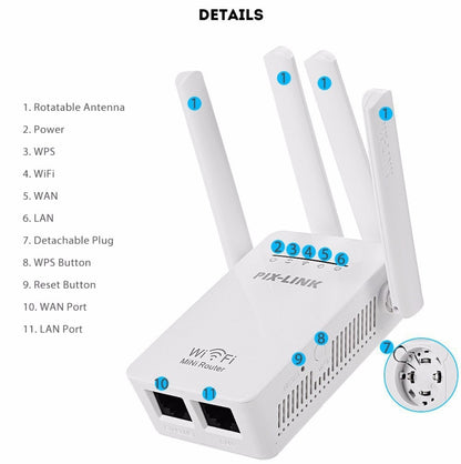 PIX-LINK LV-WR09 300Mbps WiFi Range Extender Repeater Mini Router(UK Plug) - Wireless Routers by buy2fix | Online Shopping UK | buy2fix