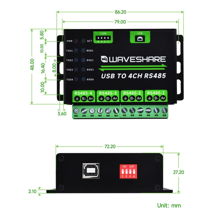 Waveshare 25219 Industrial USB To 4Ch RS485 Converter - Sockets Adapters Accessories by Waveshare | Online Shopping UK | buy2fix