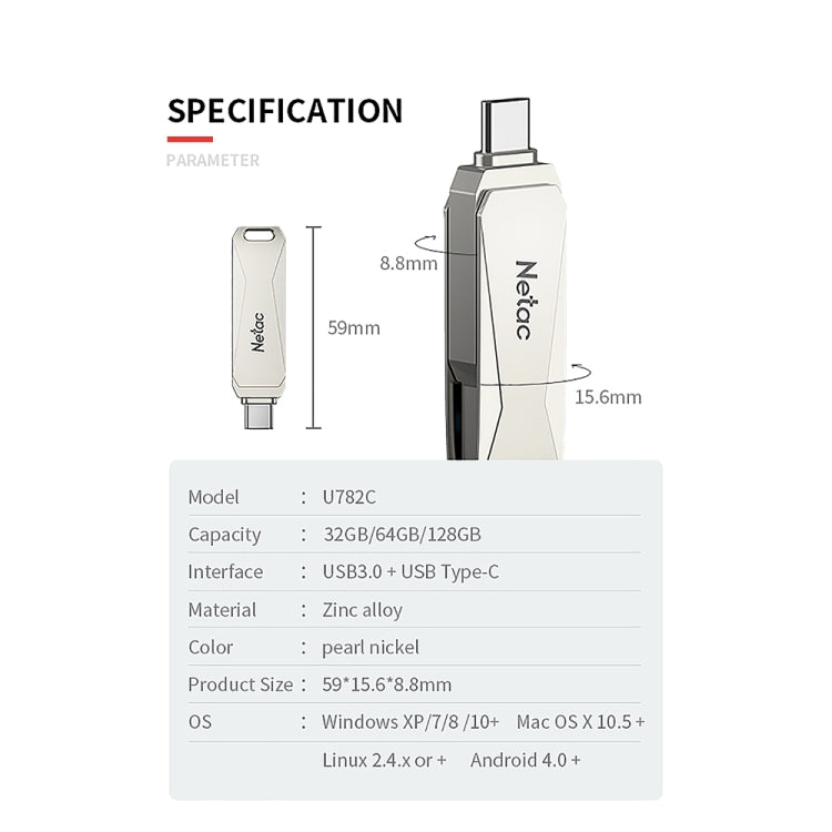 Netac U782C Type-C Dual Interface High-Speed Metal Computer USB Flash Drive, Capacity: 32GB - USB Flash Drives by Netac | Online Shopping UK | buy2fix