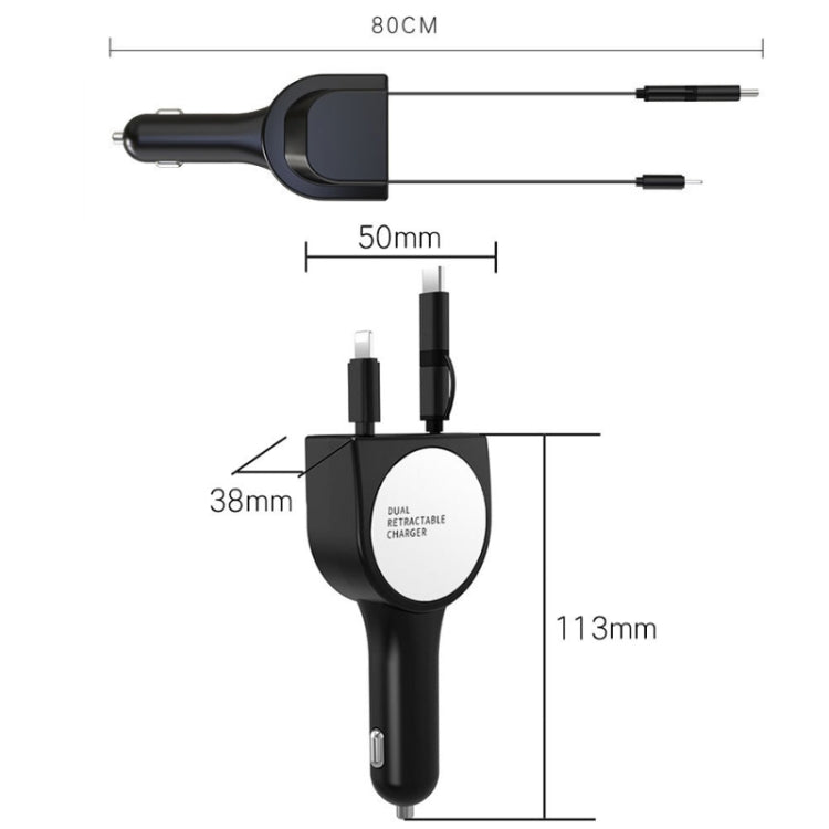 3 In 1 3.1A Dual USB Single Pull Retractable Fast QC3.0 Car Charger(Black) - In Car by buy2fix | Online Shopping UK | buy2fix