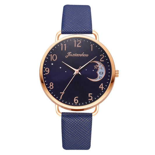 Ladies Moon Pattern Dial PU Strap Quartz Watch, Color: Blue - Leather Strap Watches by buy2fix | Online Shopping UK | buy2fix