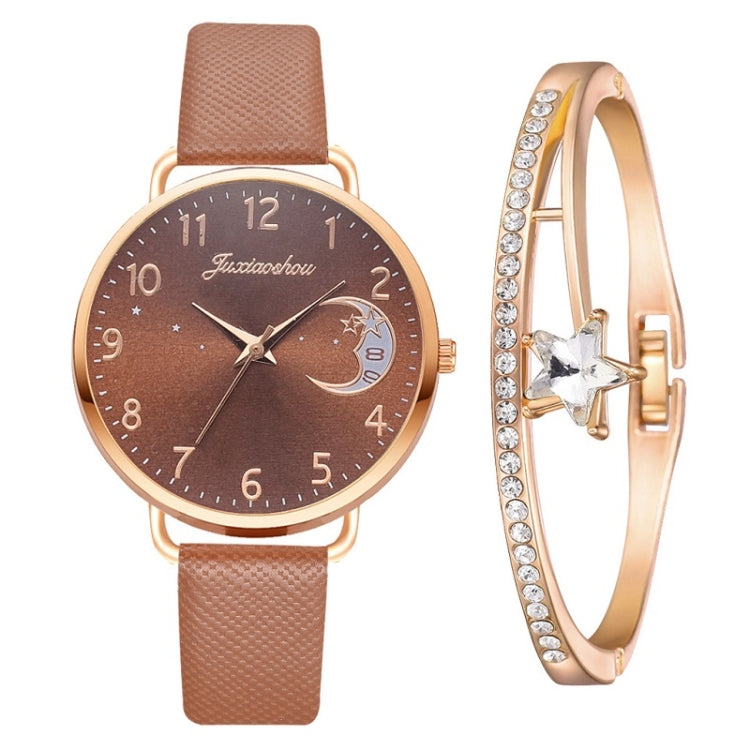 Ladies Moon Pattern Dial PU Strap Quartz Watch, Color: Brown+Bracelet - Leather Strap Watches by buy2fix | Online Shopping UK | buy2fix
