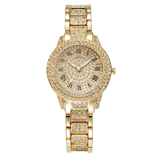 Full Diamond Roman Literal Steel Strap Quartz Watch, Color: Gold - Alloy Watches by buy2fix | Online Shopping UK | buy2fix