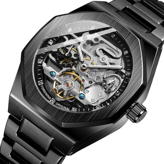 FORSINING F980 Luminous Three Eye Six Shot Weekly Steel Belt Men Fully Automatic Mechanical Watch(Black Belt Black Face) - Metal Strap Watches by FORSINING | Online Shopping UK | buy2fix