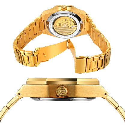 FORSINING F980 Luminous Three Eye Six Shot Weekly Steel Belt Men Fully Automatic Mechanical Watch(Gold Belt White Face) - Metal Strap Watches by FORSINING | Online Shopping UK | buy2fix