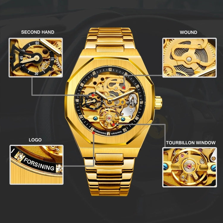 FORSINING F980 Luminous Three Eye Six Shot Weekly Steel Belt Men Fully Automatic Mechanical Watch(Gold Belt White Face) - Metal Strap Watches by FORSINING | Online Shopping UK | buy2fix