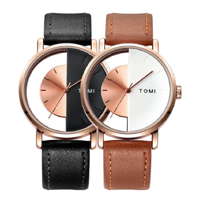 TOMI T080 Hollow Design Half See-through Unisex Quartz Watch(White Face Rose Shell Brown Strap) - Leather Strap Watches by buy2fix | Online Shopping UK | buy2fix