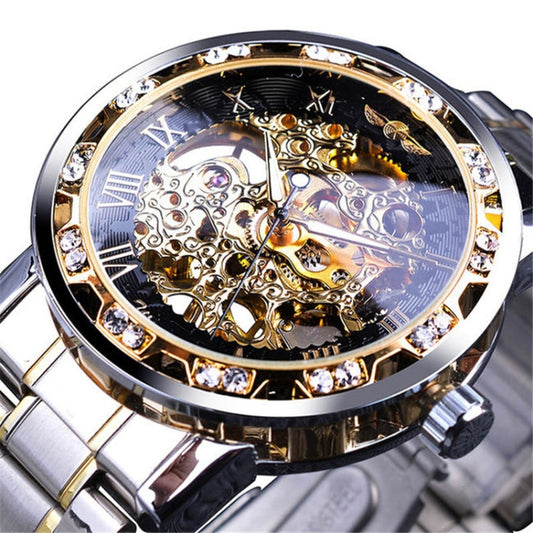 Winner Leisure Skeleton Diamond Luminous Pointer Watch Men Manual Mechanical Watch(Silver Belt Gold Shell Black Face) - Metal Strap Watches by Winner | Online Shopping UK | buy2fix