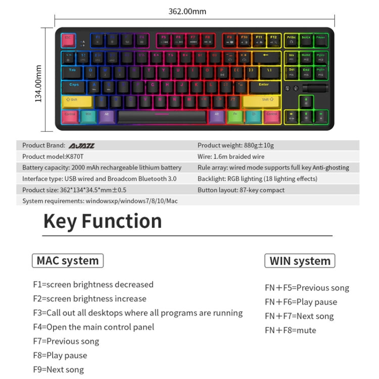 Ajazz K870T 87-Key Hot Swap Bluetooth/Wired Dual Mode RGB Backlight Office Game Mechanical Keyboard Green Shaft (Black) - Wireless Keyboard by Ajazz | Online Shopping UK | buy2fix