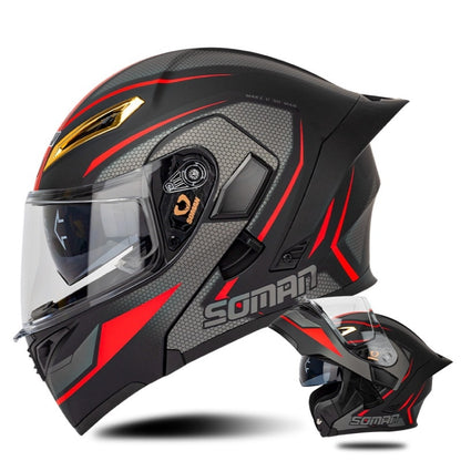 SOMAN Motorcycle Dual Lens Riding Peel-Off Full Coverage Helmet, Size: L(Black Red Track) - Helmets by SOMAN | Online Shopping UK | buy2fix