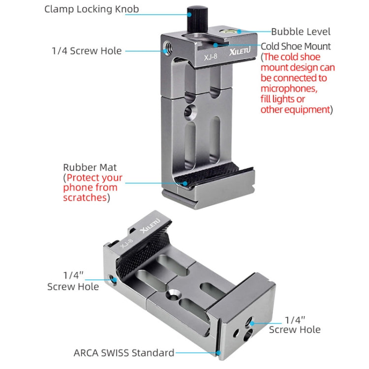 XILETU XJ-8 Aluminum Alloy Camera Head Tripod Mobile Phone Clip(Titanium) - Other Accessories by XILETU | Online Shopping UK | buy2fix