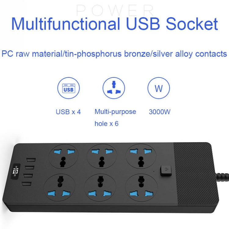 TB-T12 3000W 2m 4-USB Ports + 6-Jacks Multifunctional Flame-Retardant Socket With Switch(US Plug) - Extension Socket by buy2fix | Online Shopping UK | buy2fix