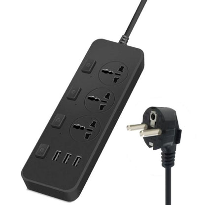 T14 2m 2500W 3 Plugs + 3-USB Ports Multifunctional Socket With Switch, Specification: EU Plug (Black) - Extension Socket by buy2fix | Online Shopping UK | buy2fix