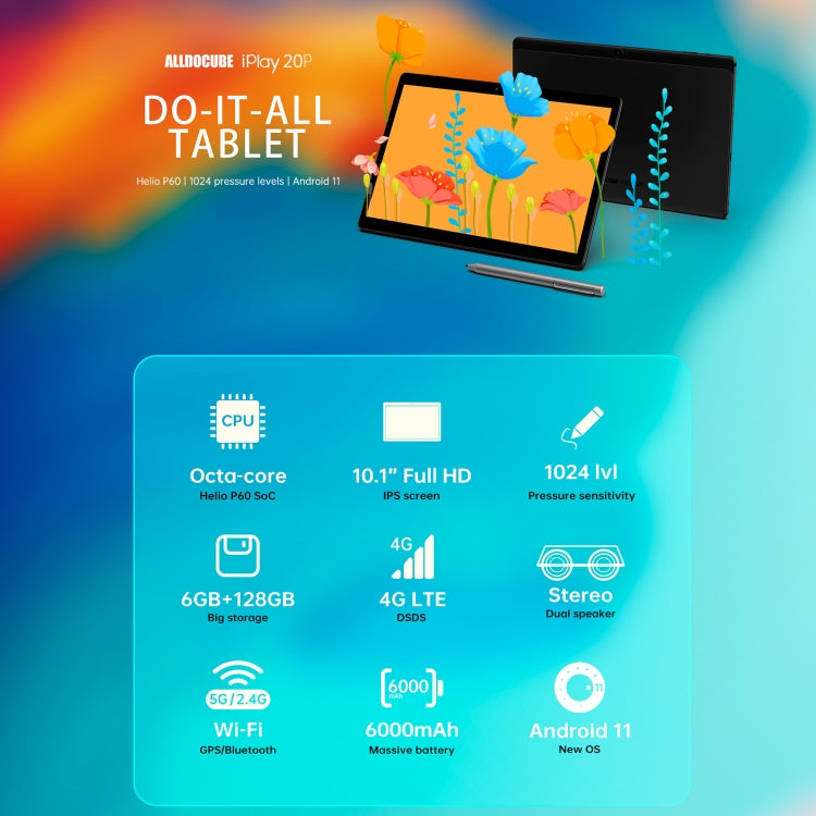 ALLDOCUBE iPlay 20P T1021P 4G Call Tablet, 10.1 inch, 6GB+128GB, Android 11 MTK Helio P60 (MT6771) Octa Core 2.0GHz, Support OTG & FM & Bluetooth & Dual Band WiFi & Dual SIM - ALLDOCUBE by ALLDOCUBE | Online Shopping UK | buy2fix